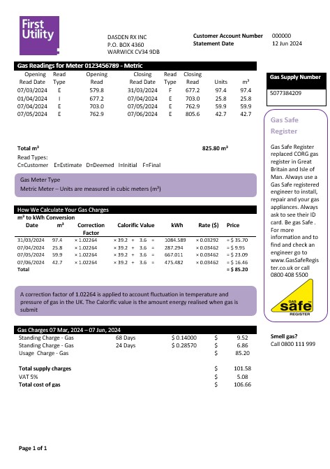 United Kingdom Warwick First business utility bill template in Word and PDF formats